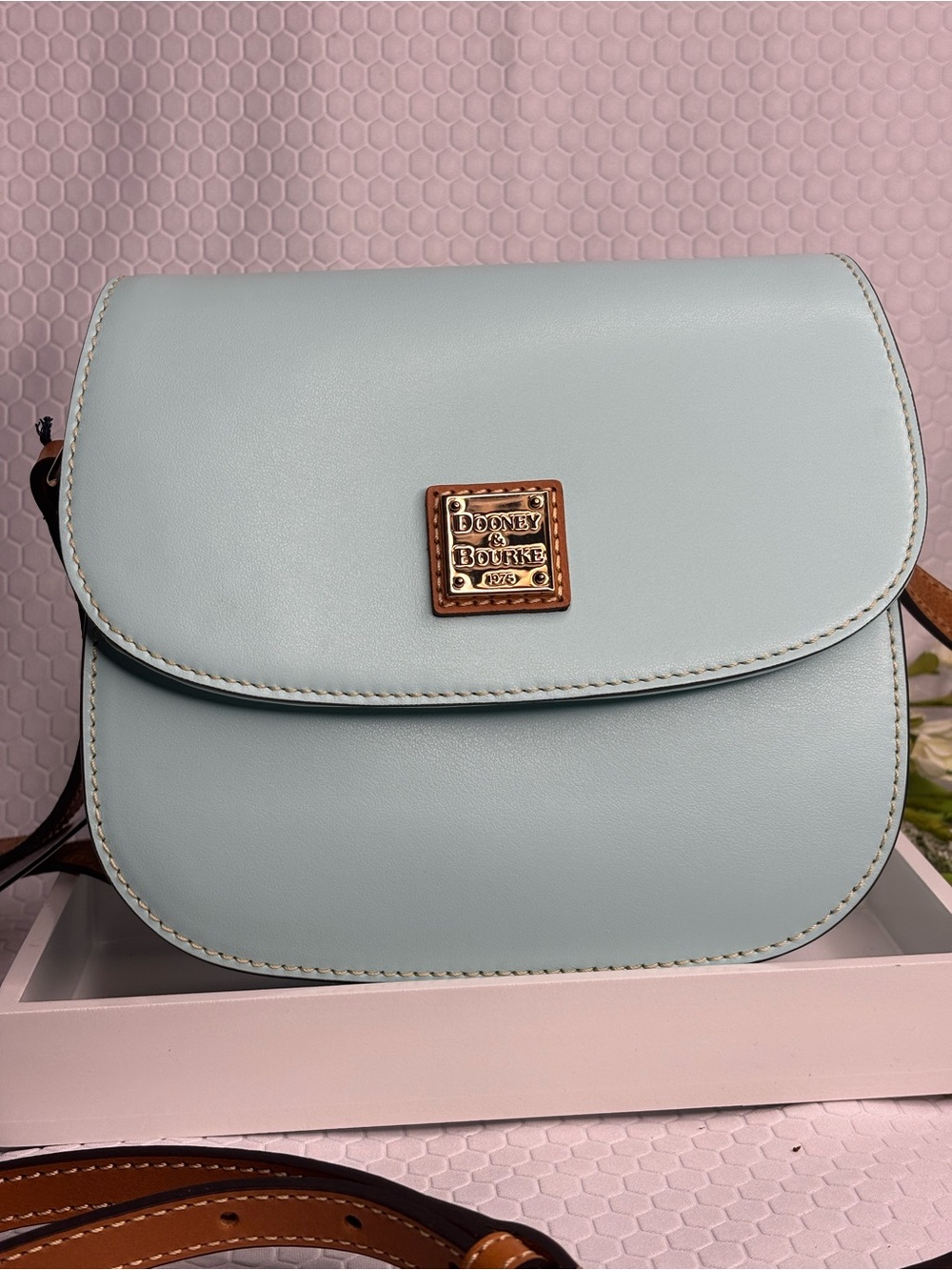 Dooney & Bourke Light Blue Crossbody Bag with Tan Trim